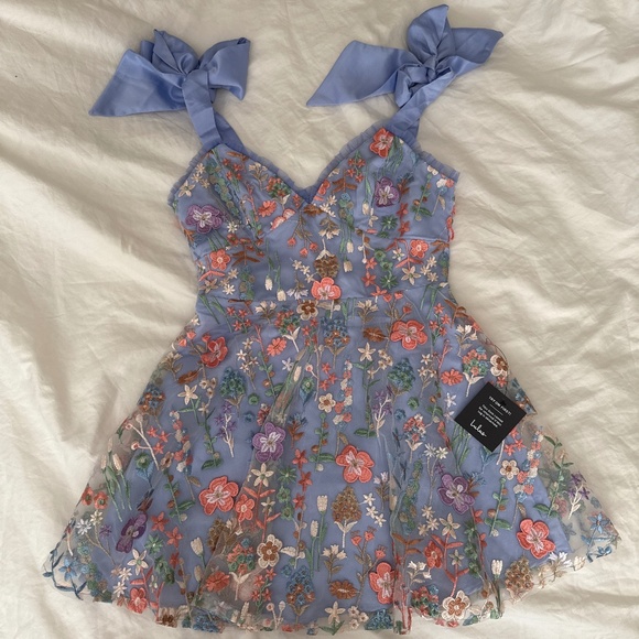 Lulus Astara Periwinkle Floral Embroidered Tie-strap Mini Dress Blue - Size M - Picture 4 of 5